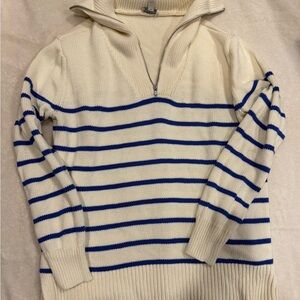 Talbots Ivory and Blue Striped Zip-Up Sweater